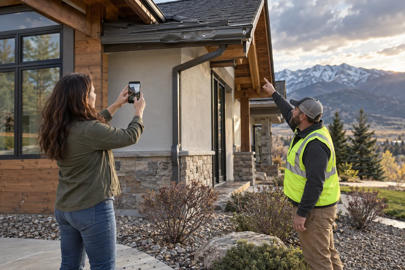 Homeowner looking up at a hail-dented roof edge and gutter from the yard of a frame home in the Denver area